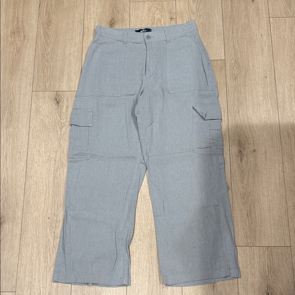 Ladies Hollister Light Gray Linen Cargo Pants, high rise trouser sz L New!